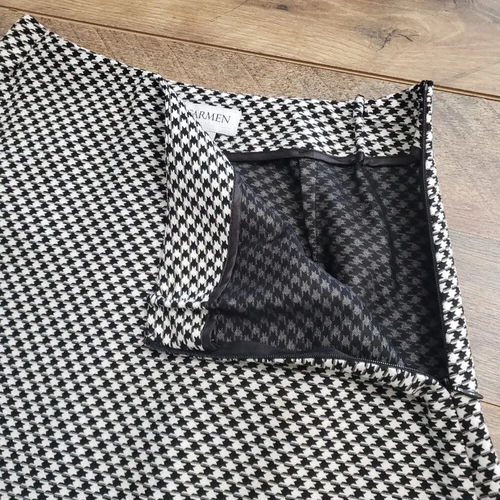Carmen Marc Valvo Houndstooth‎ Black and White Midi Length A-Line Full Skirt 4 - Picture 5 of 9